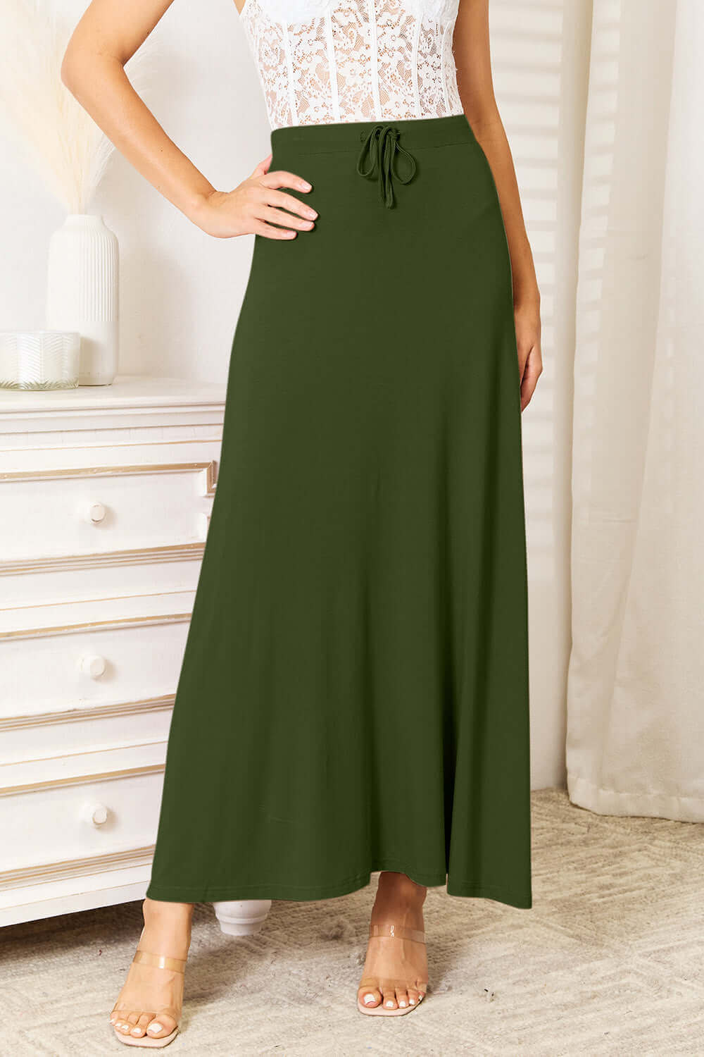 DOUBLE TAKE Full Size Soft Rayon Drawstring Waist Maxi Skirt Rayon at Bella Road