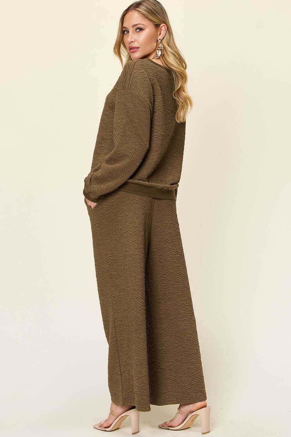 DOUBLE TAKE Full Size Texture Long Sleeve Top and Pants Set at Bella Road