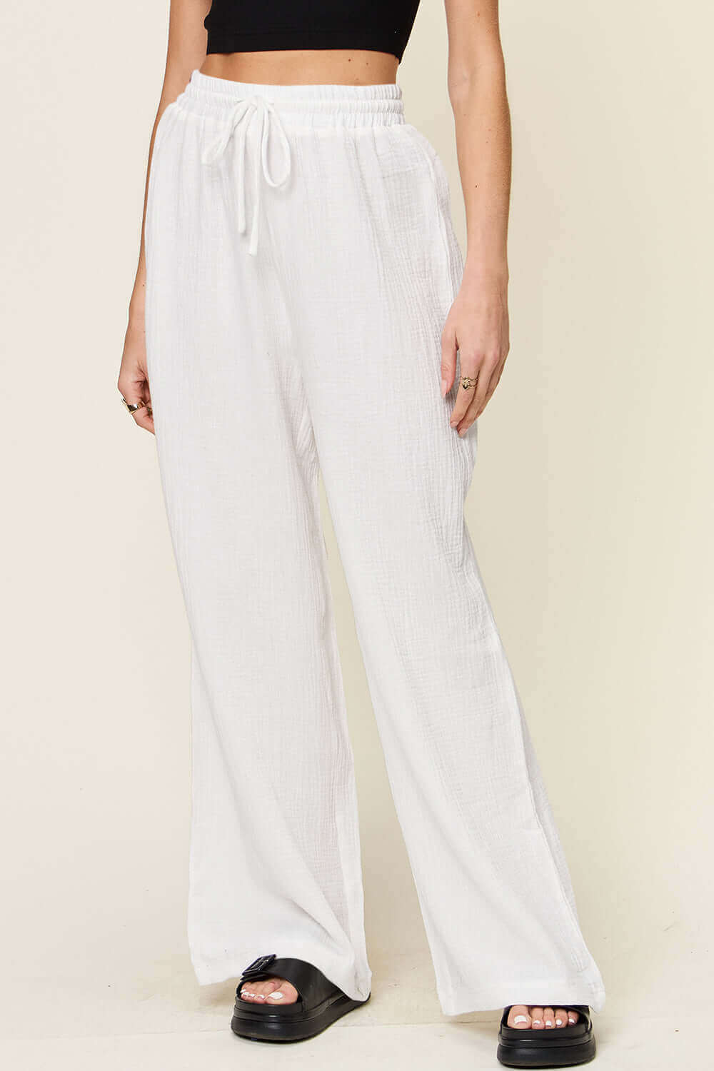 DOUBLE TAKE Full Size Texture Drawstring Wide Leg Pants at Bella Road