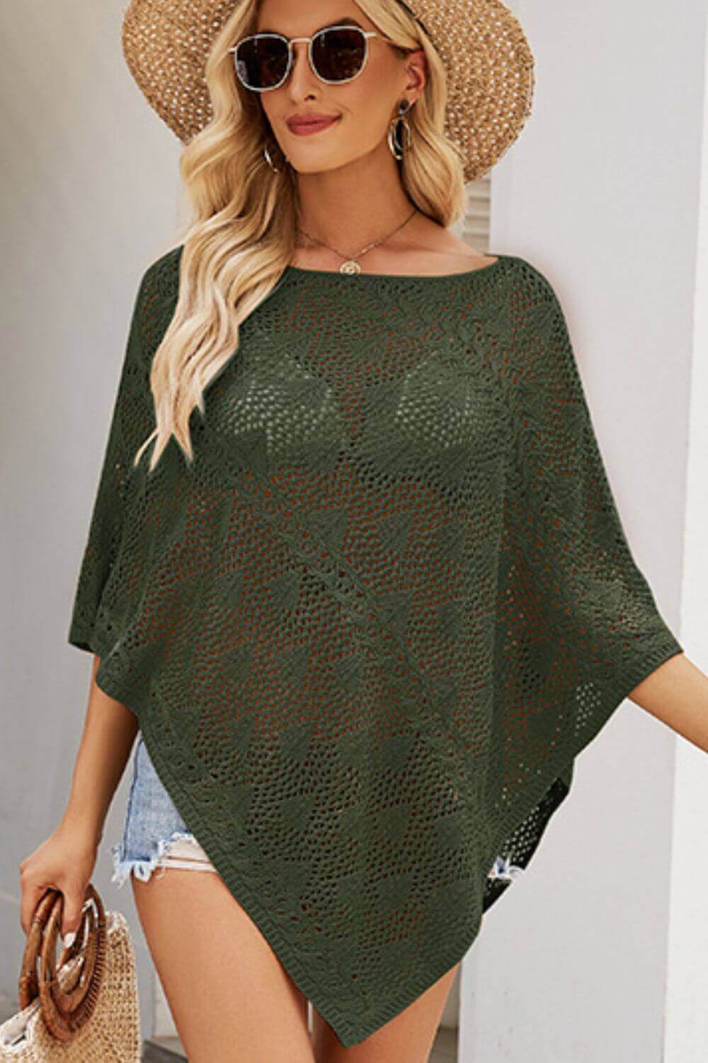 BELLA ROAD Openwork Boat Neck Shawl Cover Up at Bella Road