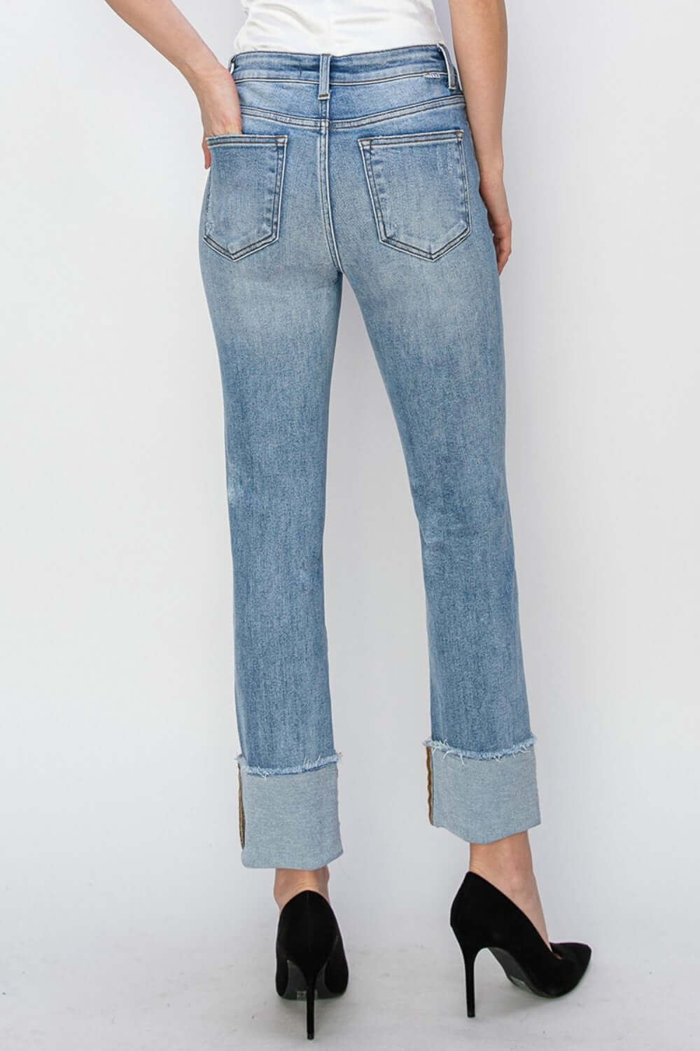 Risen Jeans high rise cuffed slim straight jeans in light denim with a flattering waist, trendy cuffed hem, and stretchy fabric for all-day comfort