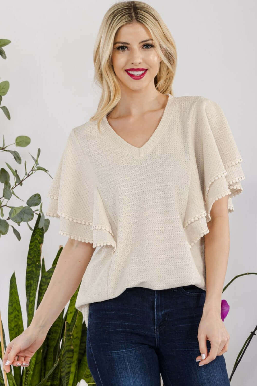 CELESTE Full Size V-Neck Lace Trim Flutter Sleeve Top at Bella Road