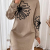 Perfee Flower Mock Neck Long Sleeve Sweater Dress - Camel