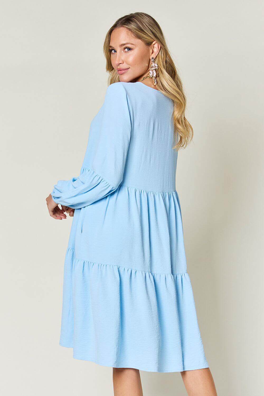 DOUBLE TAKE Full Size V-Neck Balloon Sleeve Tiered Dress at Bella Road