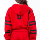 Back view of red American Bazi 'Chicago' cropped hoodie with drawstring and graphic design.