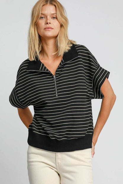 Stylish Umgee striped half zip short sleeve sweatshirt, perfect for spring and summer leisure wear.