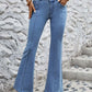 "Bella Road High Waist Flare Jeans in light wash with pockets, perfect for a retro look and versatile style."