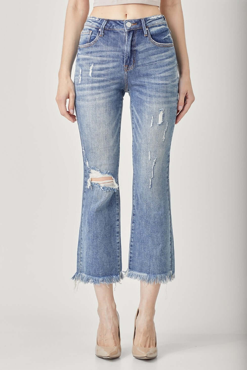 High Waist Distressed Cropped Bootcut Risen Jeans for a stylish look