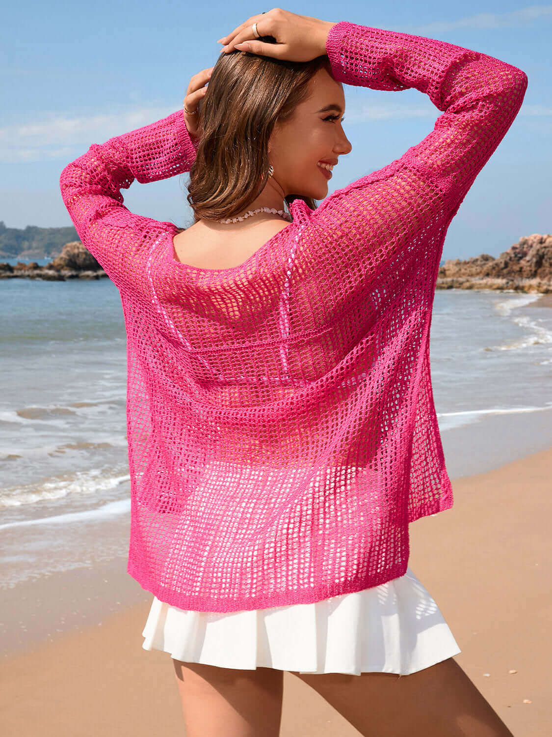 BELLA ROAD Openwork Slit Boat Neck Long Sleeve Cover-Up at Bella Road