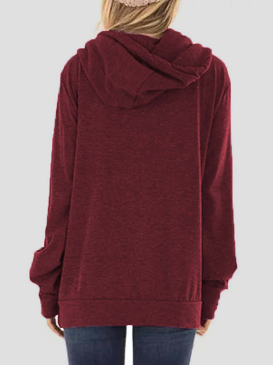 Back view of Bella Road Drawstring Letter Graphic Long Sleeve Hoodie in maroon, featuring a hood and slightly stretchy material blend.