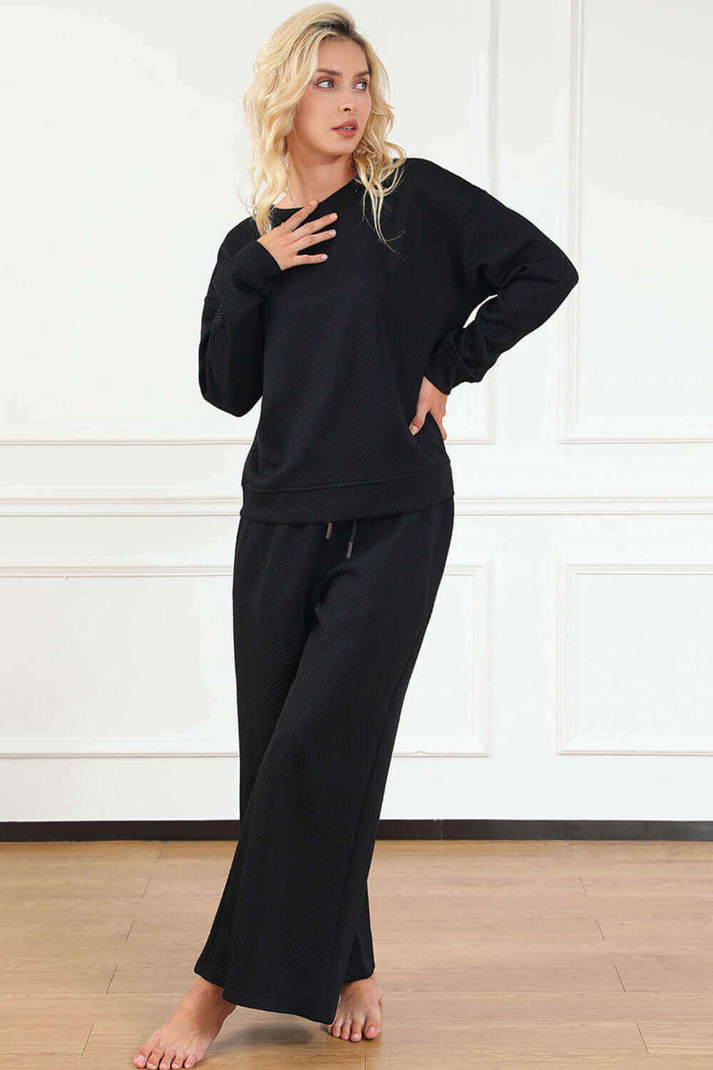 DOUBLE TAKE Full Size Textured Long Sleeve Top and Drawstring Pants Set at Bella Road