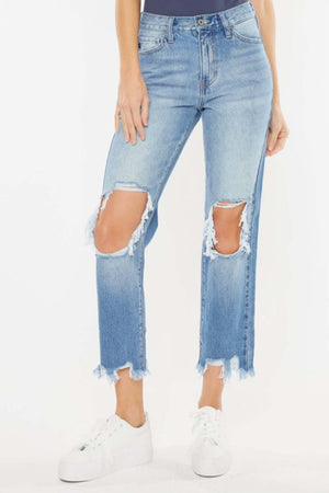 High Waist Chewed Up Straight Mom Jeans - Vintage-inspired, trendy distressed jeans with chewed up details and frayed edges for an edgy look.