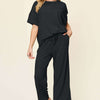 Texture Round Neck Short Sleeve T-Shirt and Wide Leg Pants | Full Size - Black