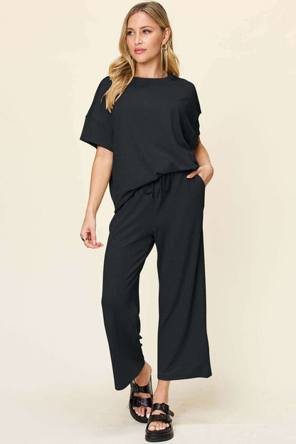 DOUBLE TAKE Full Size Texture Round Neck Short Sleeve T-Shirt and Wide Leg Pants at Bella Road