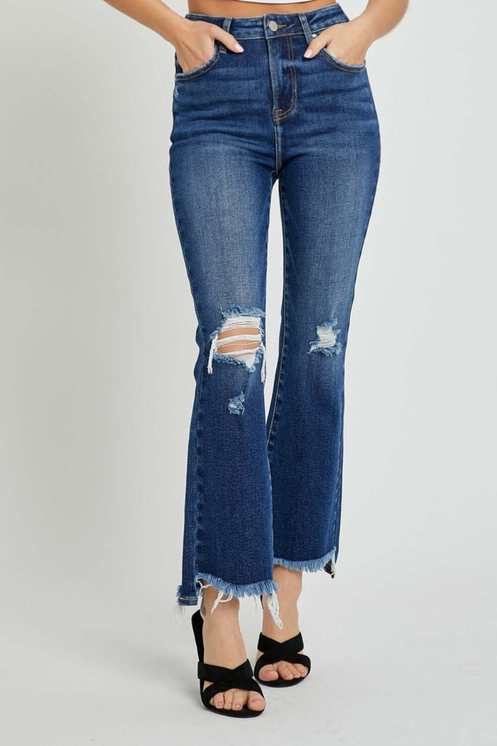 High Rise Distressed Crop Flare Risen Jeans with Frayed Hems and Casual Style