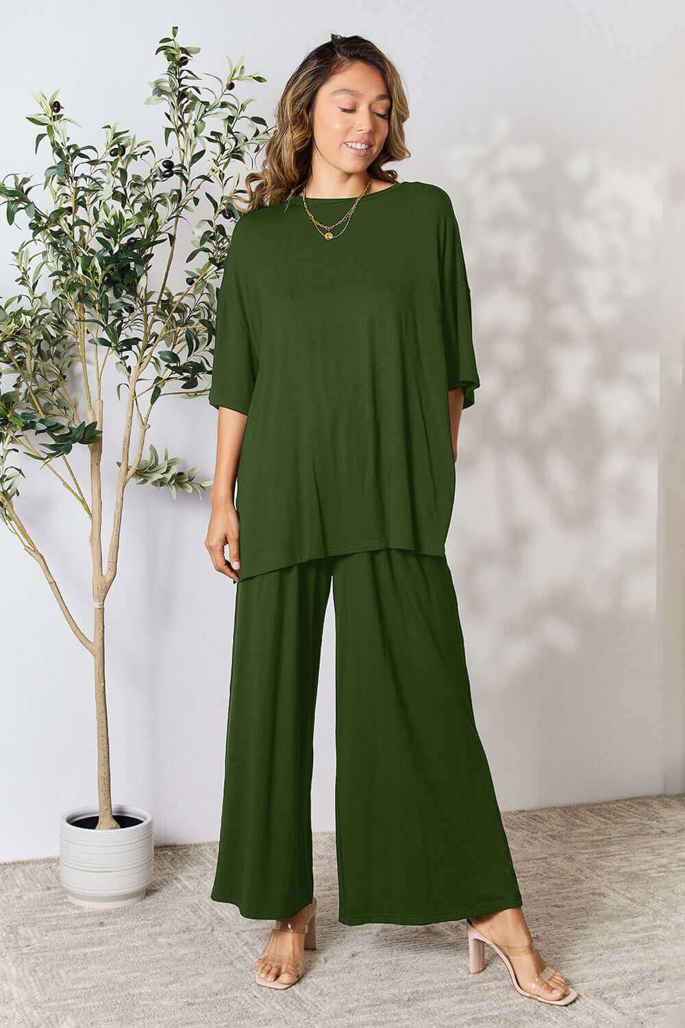 DOUBLE TAKE Full Size Round Neck Slit Top and Pants Set at Bella Road