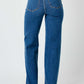 Back view of high rise straight Judy Blue jeans on a person, showcasing the flattering fit and streamlined silhouette.