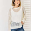 Openwork Ribbed Trim Long Sleeve Knit Top - WHIP CREAM