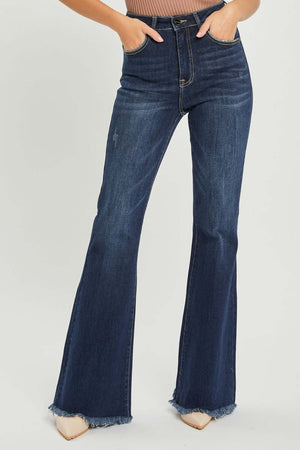 High Waist Raw Hem Flare Jeans for Women - Retro-Inspired Style with Flattering Fit and Unique Raw Hem Detailing