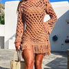 Fringe Cutout Long Sleeve Cover Up - Caramel