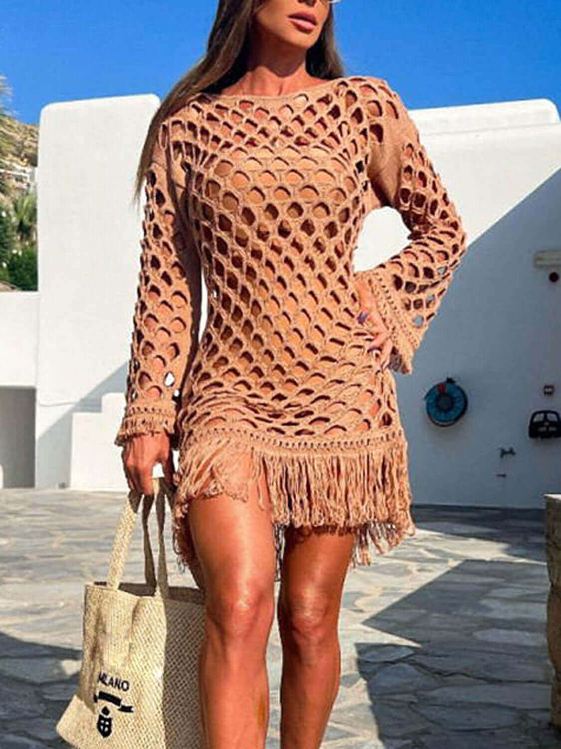 BELLA ROAD Fringe Cutout Long Sleeve Cover Up at Bella Road