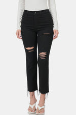 Distressed raw hem cropped jeans in black, featuring trendy rips and a cool, casual fit for versatile styling.