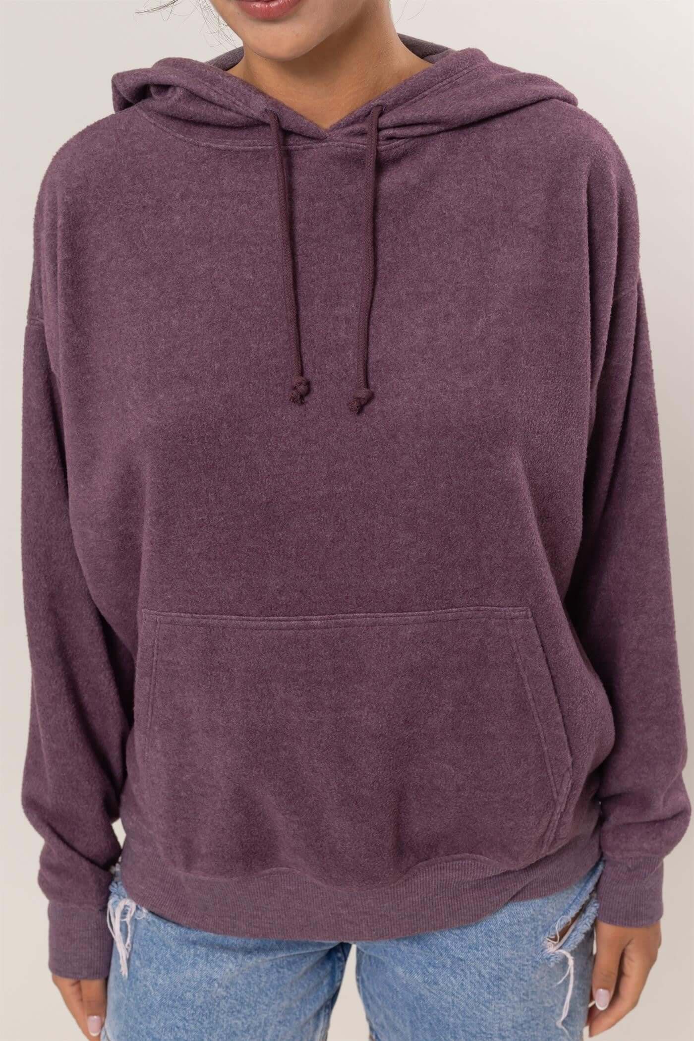 Cozy brushed long sleeve hoodie in deep purple with kangaroo pocket, perfect for lounging or casual outings.