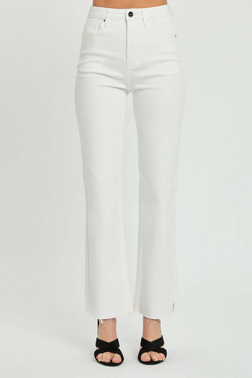 Risen Jeans High Rise Tummy Control Straight Jeans with Raw Hem Detail in White, Flattering Fit, No Stretch, 98% Cotton, 2% Spandex