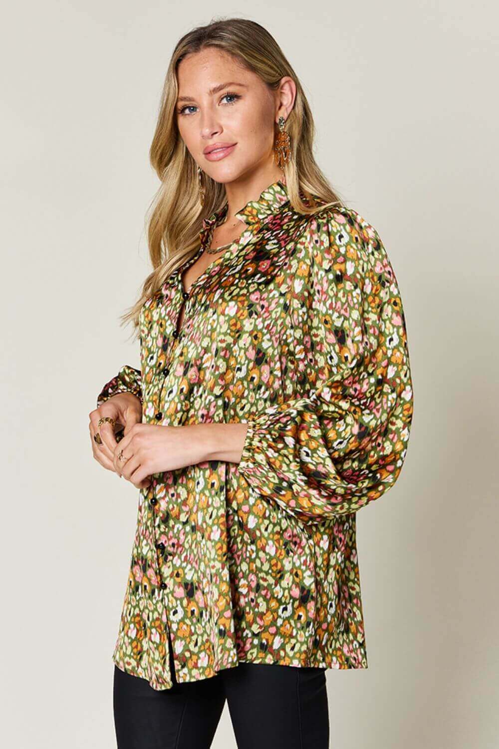 DOUBLE TAKE Full Size Printed Long Sleeve Blouse at Bella Road