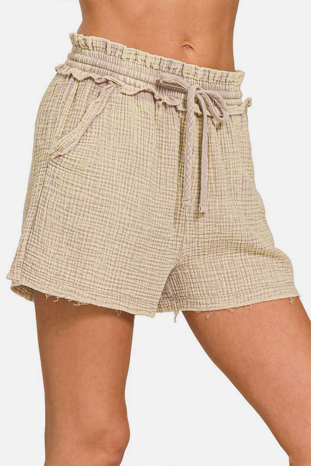 ZENANA Washed Frayed Hem Drawstring Shorts at Bella Road