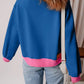 Back view of Bella Road Fall Graphic Contrast Long Sleeve Sweatshirt with blue and pink colors