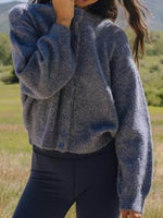 Cozy Bella Road Button Down Long Sleeve Cardigan in grey, perfect for chilly days and styled with leggings in nature.