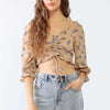 Floral Ruffle Smocked Back Ruched Crop Top - Taupe