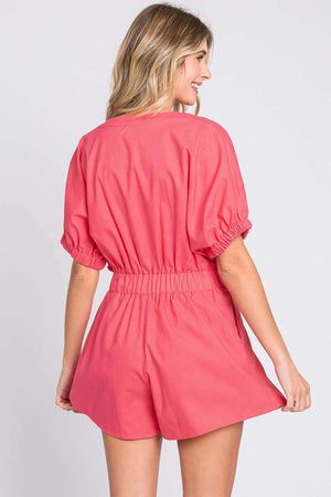 GEEGEE Half Button V-Neck Linen Romper at Bella Road