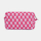 Stylish pink checkered pattern knitted cosmetic pouch with zipper closure for organizing makeup essentials.