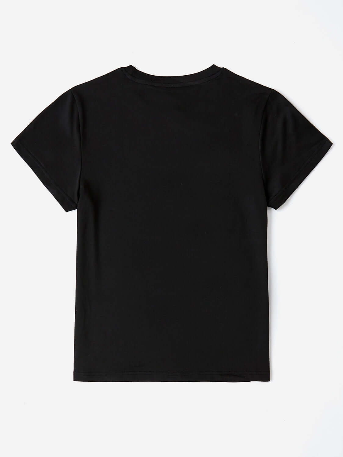 Back view of black graphic round neck short sleeve t-shirt made from 100% polyester, slightly stretchy fabric.