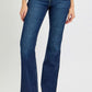 Stylish high rise flare jeans with pockets and retro flared legs, perfect for a chic and vintage-inspired look.