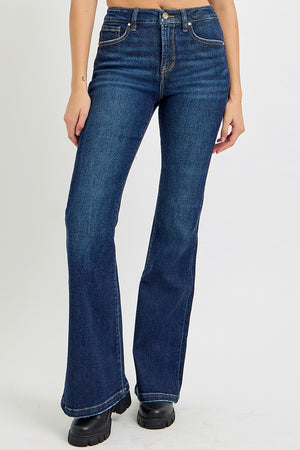 Stylish high rise flare jeans with pockets and retro flared legs, perfect for a chic and vintage-inspired look.