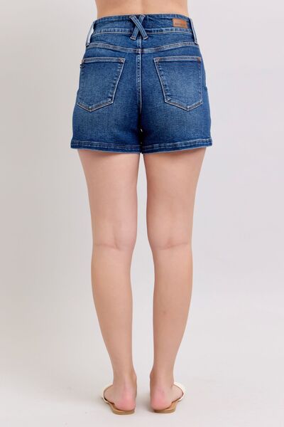 Back view of Judy Blue Plus Size Double Button Waistband Denim Shorts with a flattering high-waisted fit.