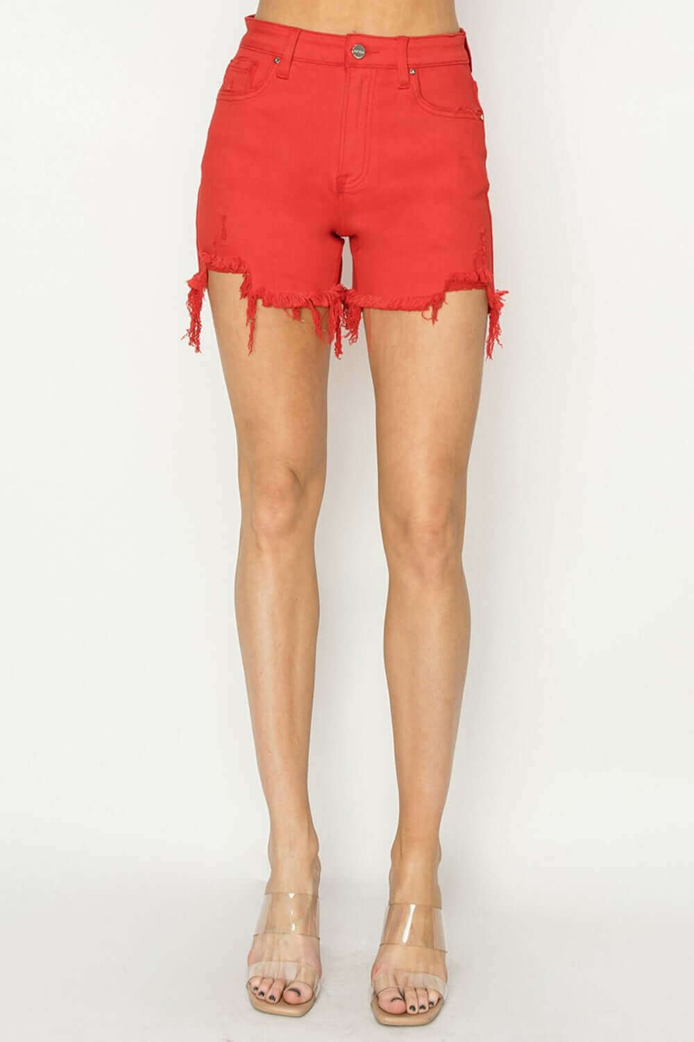 Risen Jeans high rise distressed denim shorts in vibrant red for a stylish and edgy look, perfect for casual or dressy occasions.