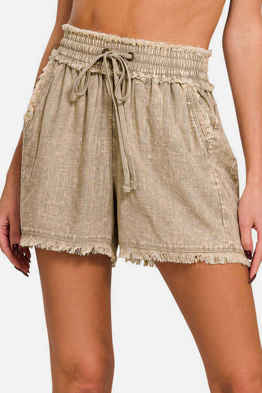 ZENANA Washed Linen Frayed Hem Drawstring Shorts at Bella Road