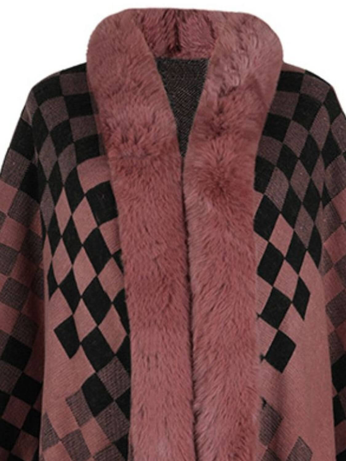 Bella Road Fuzzy Checkered Long Sleeve Poncho in pink with plush collar, perfect for cozy fall outings.