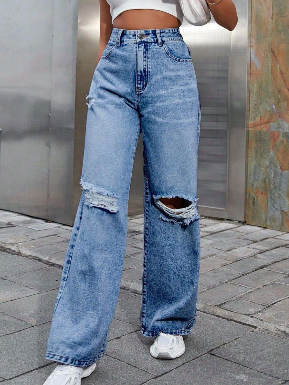 Stylish Bella Road Distressed Wide Leg Jeans with pockets, perfect for street fashion with comfort and a trendy look.