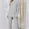 Ribbed High-Low Top and Wide Leg Pants Set - Light Gray