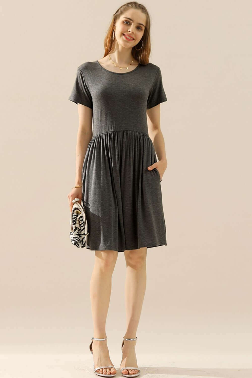 NINEXIS Full Size Round Neck Ruched Dress with Pockets at Bella Road