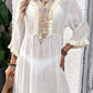 Fringe Tie Neck Three-Quarter Sleeve Sheer Cover Up with Embroidered Details