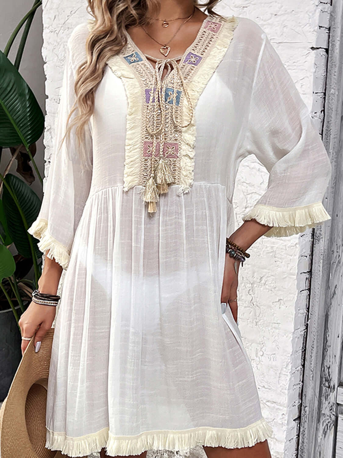 Fringe Tie Neck Three-Quarter Sleeve Sheer Cover Up with Embroidered Details