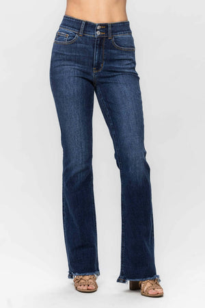 Frayed Hem Bootcut Judy Blue Jeans with trendy and edgy detailing, featuring a flattering elongating silhouette, perfect for casual stylish looks.