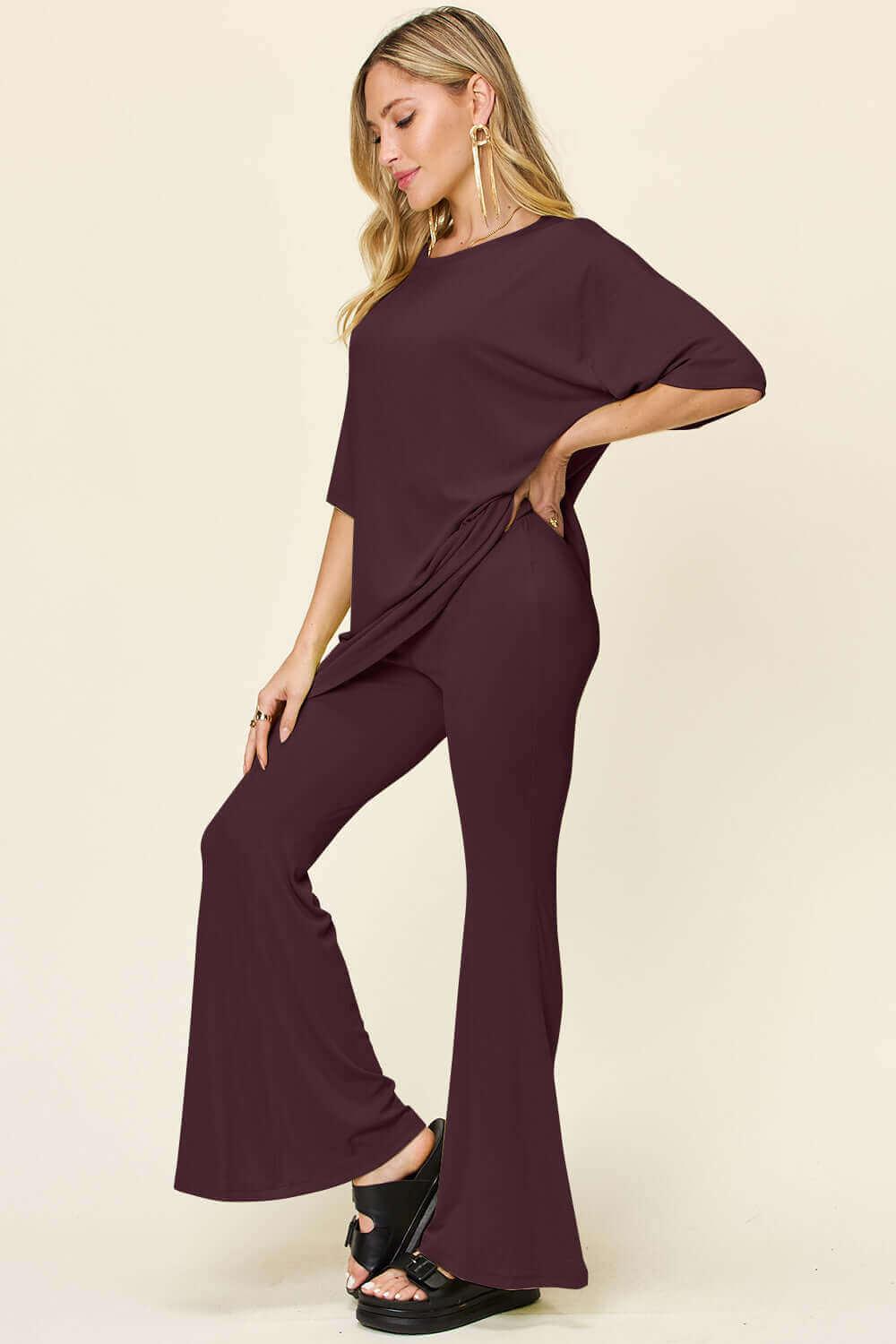 DOUBLE TAKE Full Size Round Neck Drop Shoulder T-Shirt and Flare Pants Set at Bella Road