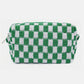 Green and white checkered pattern knitted cosmetic pouch with zipper closure for stylish makeup organization.